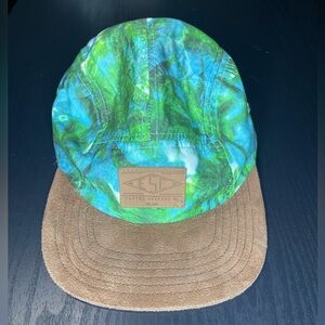 Green Blue Swirl Five-Panel Cap with Brown Suede Visor